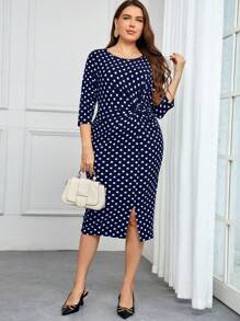 SHEIN Clasi 大尺碼優雅波點印花女裝連衣裙 - 藍白色 - 查看 4