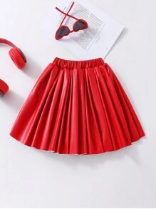 女孩的pu製褶皺裙 - 紅色 - 查看 2