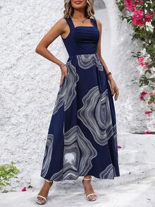 SHEIN LUNE 女士條紋百褶無袖連身裙 - 藏蓝色 - 查看 3