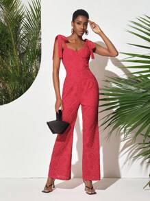 Christian Allana Designer Eyelet Bustier Jumpsuit With Bow Straps, For Holiday - Hot Pink - View 3