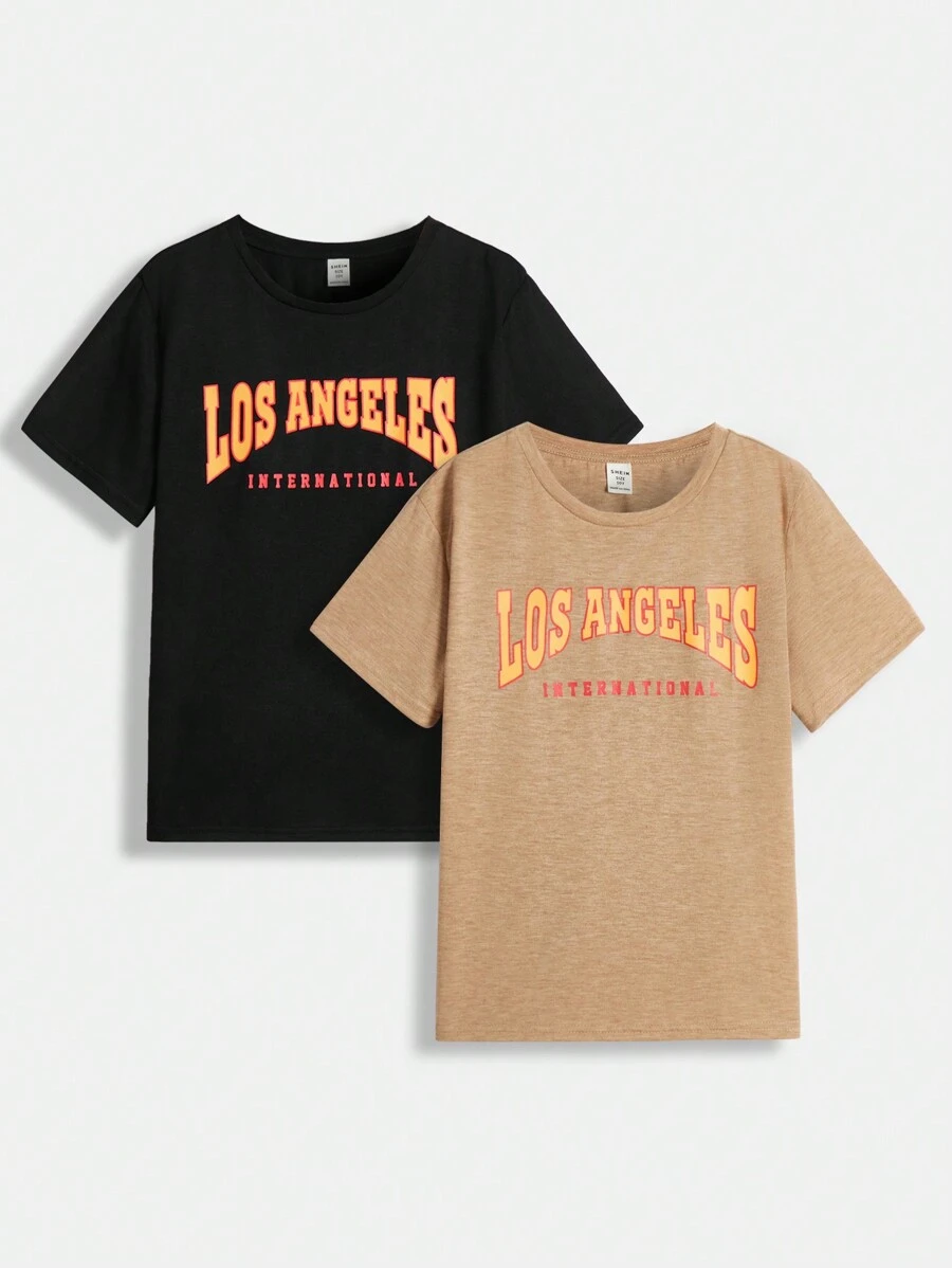 SHEIN 青少年男孩時尚休閒字母印花t恤 - 卡其色 - 查看 1