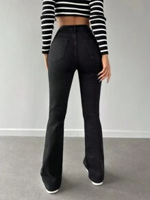 EURMUSE 96% Cotton Women Casual Solid High Waist Flare Leg Jeans - Black - View 2