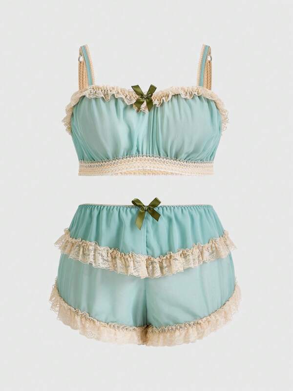 ROMWE Fairycore Plus Size Women's Lace Floral Bowknot Sexy Lingerie Set