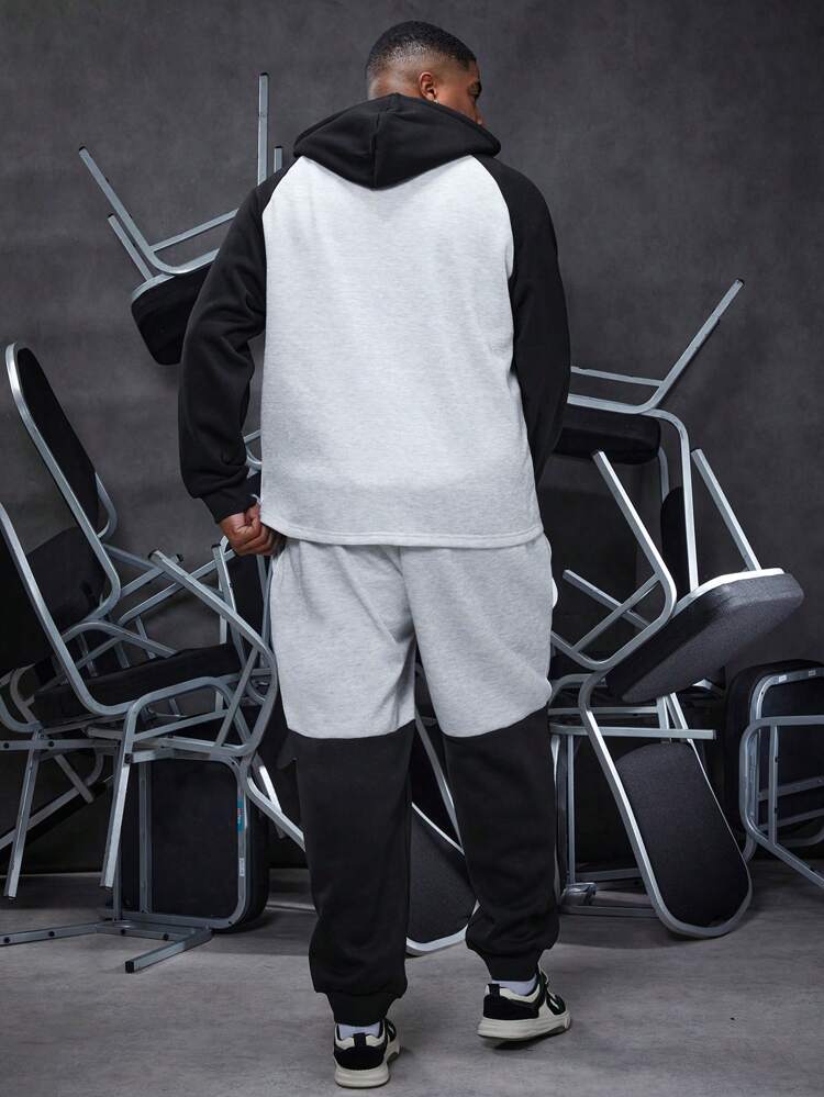 2pcs/Set Men's Plus Size Color Blocking Raglan Sleeve Hooded Sweatshirt With Kangaroo Pocket And Upward Zipper Closure And Pants