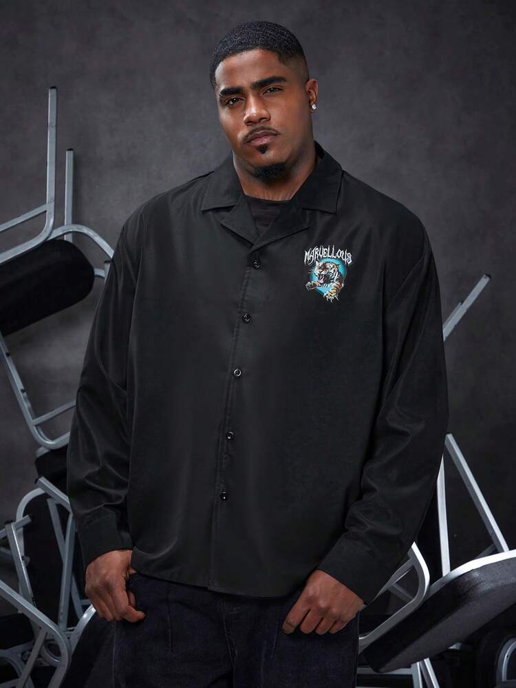 Loose Men's Plus Size Tiger & Letter Print Shirt