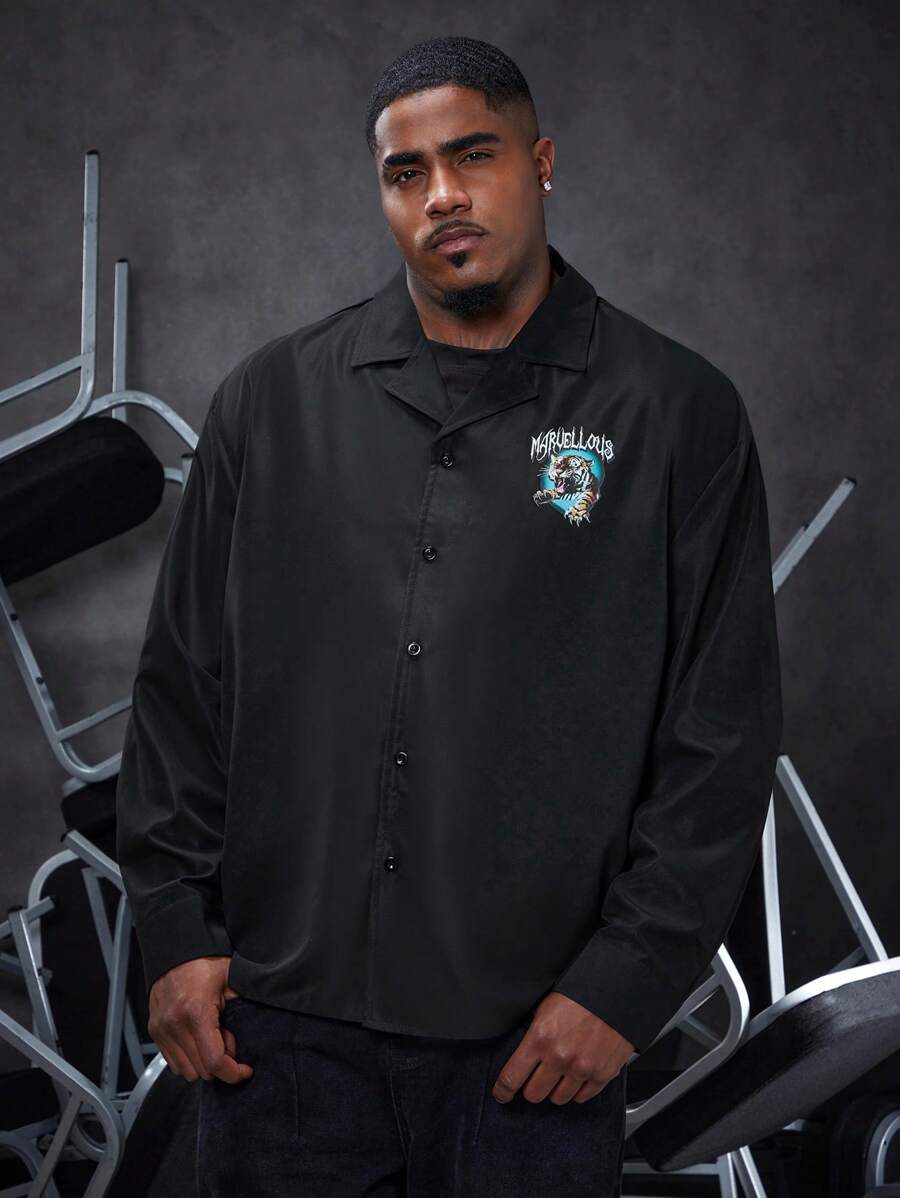 Manfinity Homme 鬆身男士加大號老虎及字母印花襯衫 - 黑色 - 查看 1