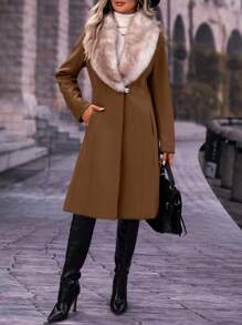 SHEIN Privé Women's Contrast Color Plush Collar Long Sleeve Woolen Coat