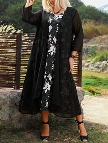 Plus Size Women'S Floral Printed Dress - Black - View 4