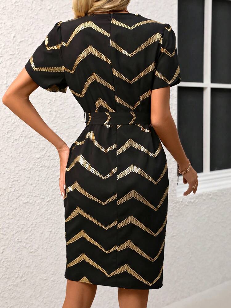 Women's Wrap Neck Dress With Gold Foil Printing