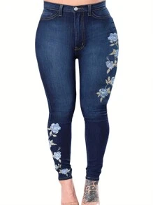 Plus Size Floral Embroidery Slim Fit Jeans, Spring/Summer/Fall, Fashion Personalized