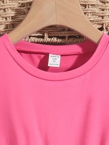 SHEIN Tween Girls' Ruffled Sleeve Round Neck Top And Pu Leather Mini Skirt 2pcs/Set - Red - View 6