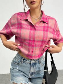SHEIN EZwear 粉色格子紋編織垂墜肩襯衫 - 粉色 - 查看 5