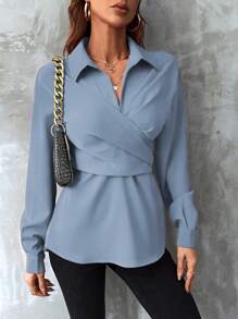 SHEIN Clasi Solid Color Wrap Back Tie Front Shirt - Dusty Blue - View 6