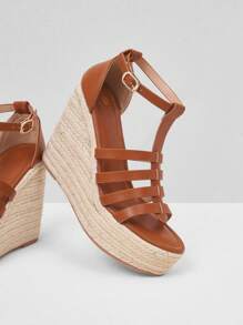 Styleloop Women's Fashionable Minimalist Strappy Brown Wedge Heel Espadrilles Sandals Ideal For Vacation,Casual Outdoor Beach Roman Boho Comfort Women's Sandals, Solid Color Faux Leather Open Toe Ankle Strap Sandals