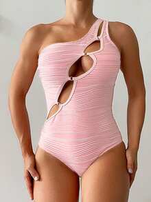 SHEIN Swim Màu thuần Xu hướng: Cắt giảm Một bờ vai Đồ bơi một mảnh Lễ cưới - Hồng - Xem 1