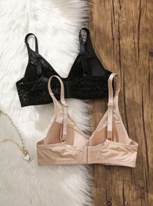 SHEIN Women's Casual Black V Neck Textured Lace Push Up Bra - Multicolor - View 4