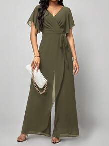 Amorya Women's Short Sleeve Wrap Front Jumpsuit With Flared Hem - Army Green - View 7