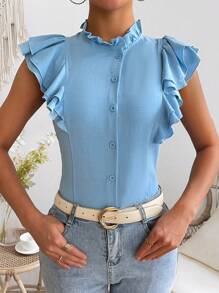 SHEIN Privé Solid Color Ruffle Edge Stand Collar Shirt - Blue - View 3