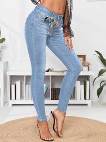SHEIN Cottnline Women's High-waist Slim Fit Denim Pants - Baby Blue - View 5