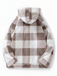 Manfinity Hypemode Men's Plus Size Single-Breasted Gingham Teddy Hooded Jacket - Chocolate Brown - View 2