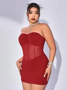 SHEIN ICON Vestido Corto Rojo Para Tallas Grandes Sin Tirantes De Gasa Plisada Con Inserto De Malla - Rojo - Ver 4