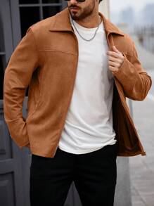 Manfinity Homme 男士純色折領寬鬆外套 - 棕色 - 查看 4