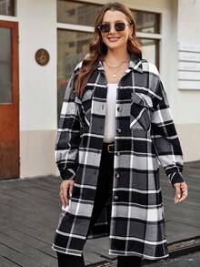 SHEIN LUNE 大尺碼女式格紋襯衫領夾克 - 黑與白 - 查看 4