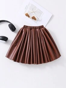 Falda De Piel De Pu Plisada Para Niñas Pequeñas - Marrón - Ver 2