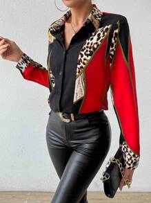 Chiquease Women's Printed Spliced Long Sleeve Shirt