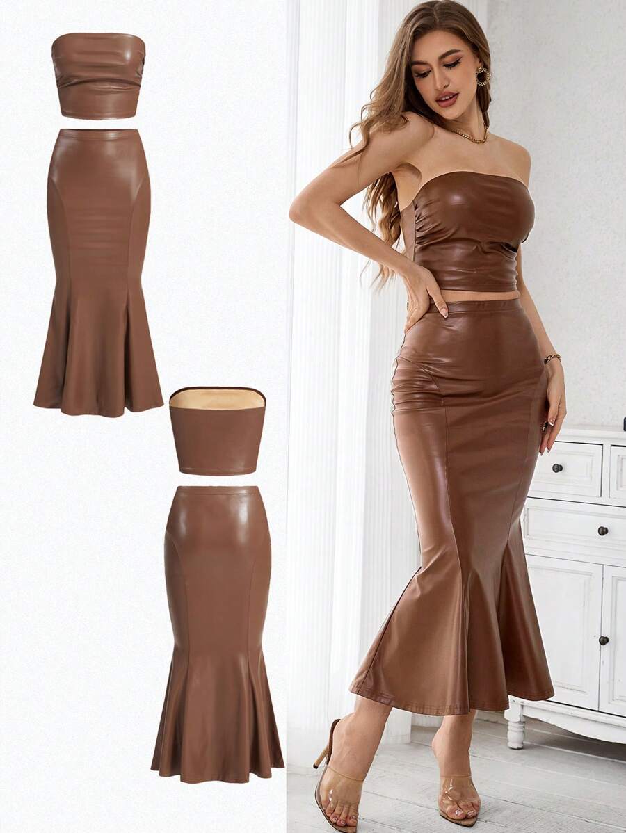 SHEIN Privé Women's Strapless Ruched And High Waist Split Hem Bodycon Skirt 2pcs/Set - Brown - View 1