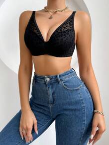 SHEIN Women's Casual Black V Neck Textured Lace Push Up Bra - Multicolor - View 6