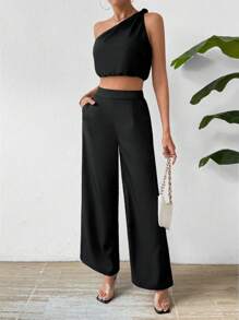 Chiquease Conjunto De Pantalón Y Top Sin Mangas Con Un Solo Hombro Para Mujer