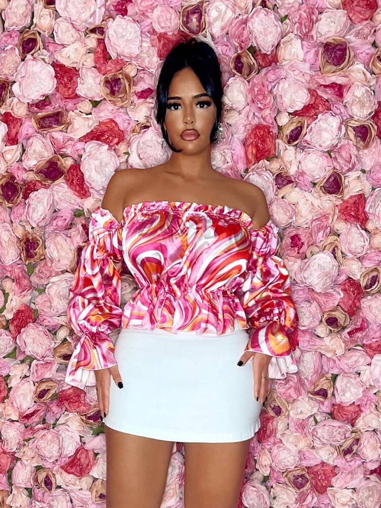 Women's Valentine's Day Off-Shoulder Bubble Sleeve Wave Color Block Floral Print Shirt