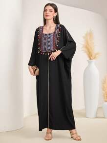 Al Najma Women's Geometric Pattern Loose Turkish Tunic With Fringed Hem Kaftan Jalabiya Dress - Black - View 5