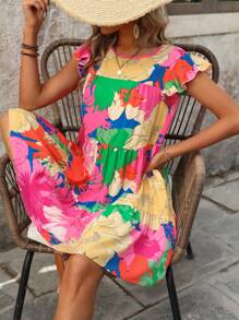 Breezaya Casual Summer Hawaii Style Vacation Yellow Floral Layered A-Line Cap Sleeve Cute Doll Dress, Beach Cover Up - Multicolor - View 4