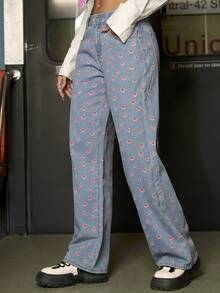 Y2K Street drăguț cu imprimeu floral cu talie înaltă buzunare înclinate Blugi largi cu picioare drepte Pantaloni casual de zi cu zi din denim - Albastru - Vizualizare 4