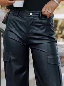 MYOURSA 多口袋纯色仿PU皮革工装裤 - 黑色 - 查看 5