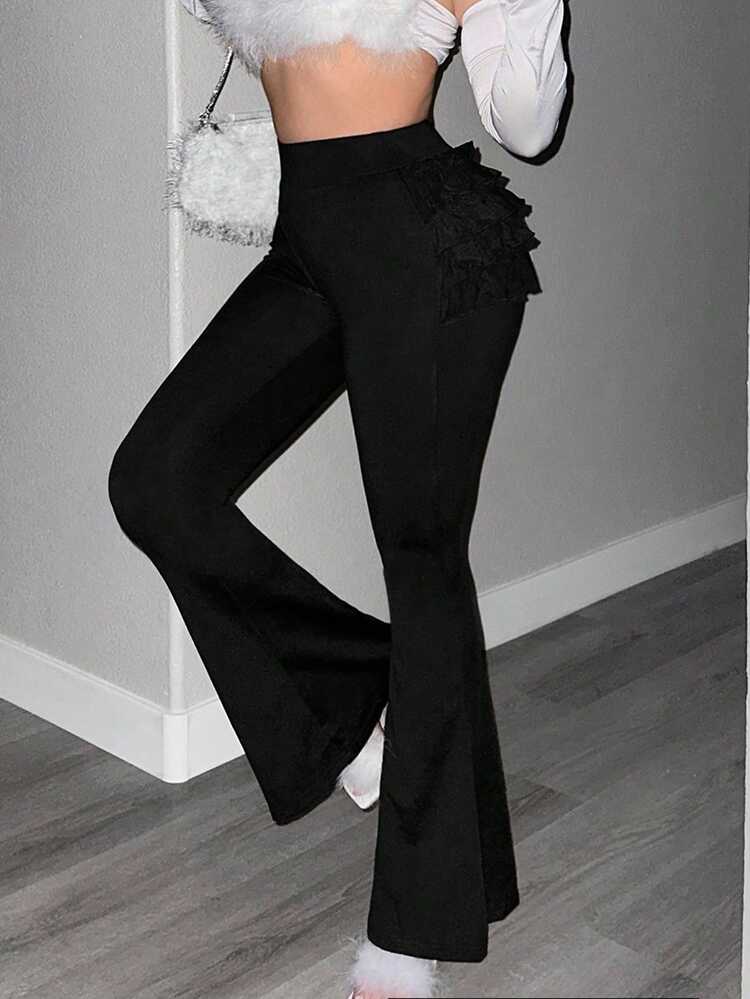 Low-Waist Ruffled Cake Layer Lace Tight Flared Pants
