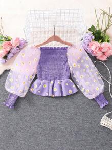 Tween Girl's Cute Daisy Sheer Lantern Long Sleeve Top With Ruffle Trim And Gathered Waist