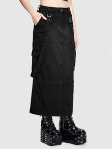 ROMWE Grunge Punk 女士可拆卸肩帶設計貨車牛仔裙 - 黑色 - 查看 5