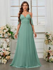 SHEIN Belle Elegant, Romantic And Elegant Women's Spring Wedding Season Spaghetti Straps High Waist Ruffle Sleeves Green Chiffon A-Shaped Umbrella Hem St. Patrick's Day Holiday Season Bridesmaid Dress