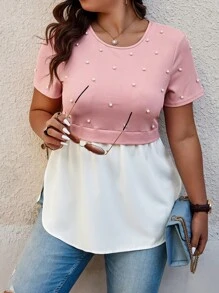 Elenzga 珍珠细节大码二合一撞色 T 恤图案 T 恤女式上衣 - 粉色 - 查看 4