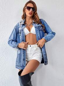 Pearl Studded Button-Up Denim Jacket - Medium Wash - View 2