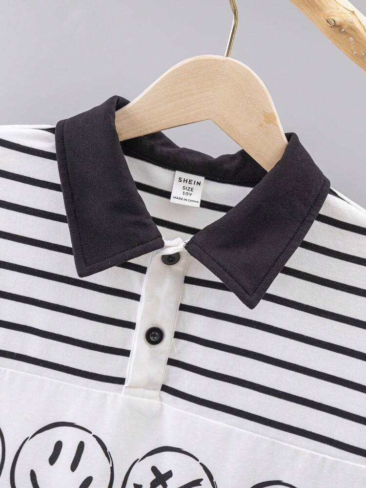 Tween Boy'S Loose Fit Casual Striped Pattern Polo Shirt And Shorts Two Piece Set