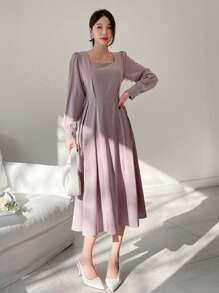 DAZY Của phụ nữ Cổ vuông Ống tay áo Bong bóng Hem Đầm - Màu tím hoa cà - Xem 3