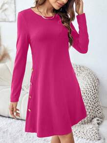 SHEIN LUNE 女士圓領釦紐細節連身裙 - 玫紅色 - 查看 5