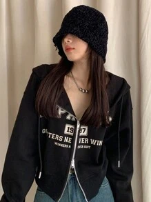 Casual Loose Reversible Zip-Up Hoodie With Letter Print, For Spring/Autumn,Long Sleeve Tops - Black - View 5