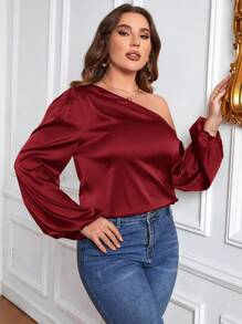 SHEIN Privé Plus Size Women's Asymmetrical Collar Lantern Sleeve Shirt - Red - View 9