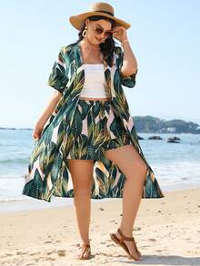 SHEIN VCAY Plus Size Tropical Print Kimono And Shorts And Solid Color Camisole Three-Piece Set - Multicolor - View 6