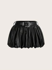 SHEIN ICON 女用低腰腰帶扣蓬鬆下擺裙 - 黑色 - 查看 2